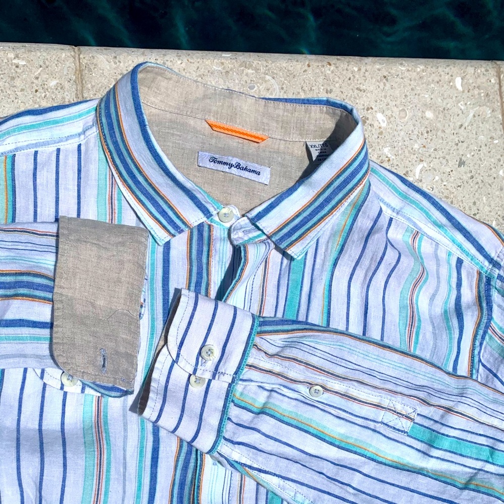 Tommy Bahama 100% Linen Button Shirt Loose Fit XXL Tan Blue Orange Long Sleeve